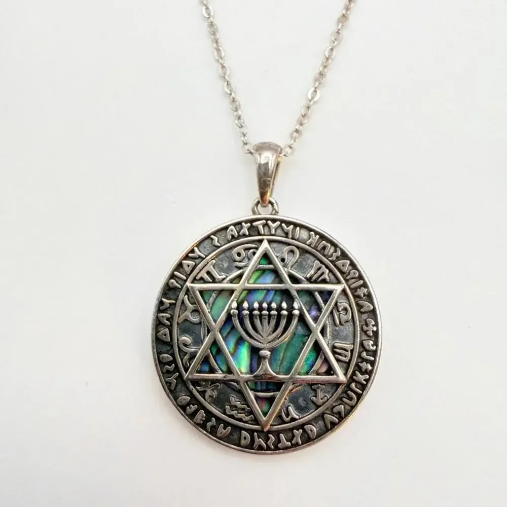 Vtg 925 Sterling Silver Solomon Hexagram Star of David Abalone Pendant Necklace